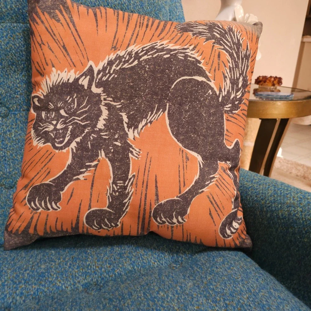 Pottery Barn Halloween Scaredy Black Cat Throw Pillow Orange Print 20